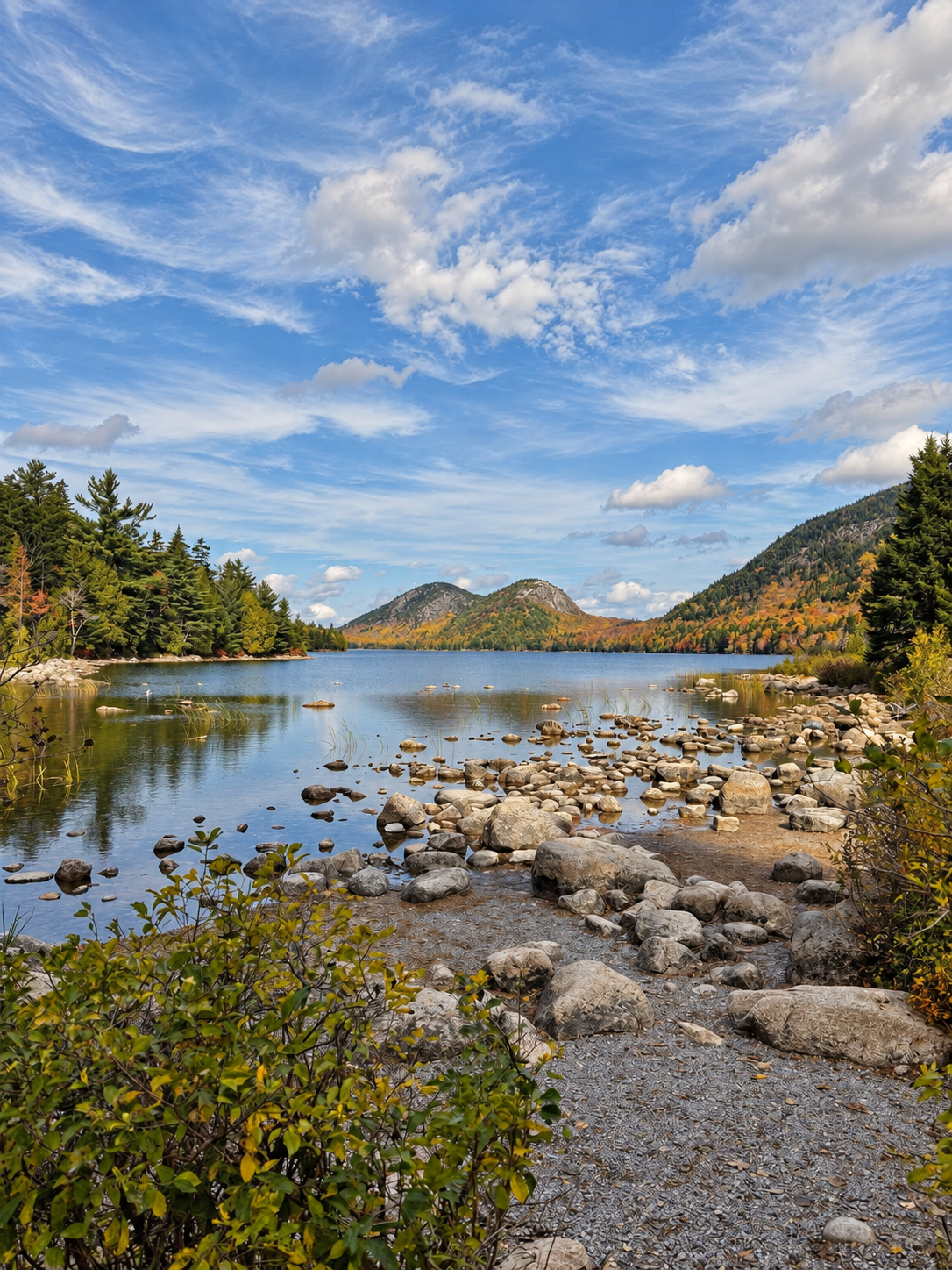 Autumn trees and rounded mountains across a quiet lake with a rocky shoreline
